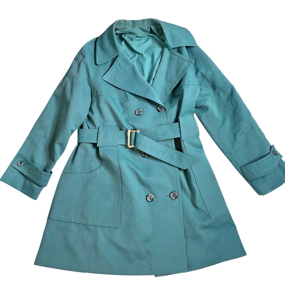 Vtg Forecaster Boston Trench Coat 11/12 Aqua Belt Union USA 70s Double Breasted